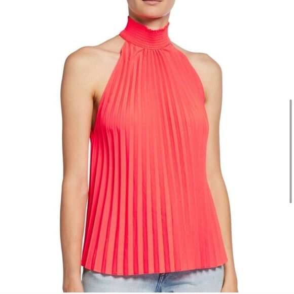 A.L.C. Neon Orange Pleated Tank Top with High Neck - Picture 1 of 4